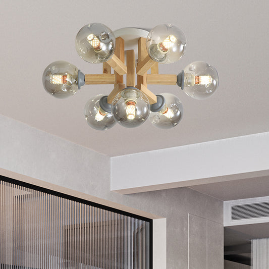 Modernism Globe Semi Flush Light Fixture Smoke Gray Glass 5/7 Bulbs Bedroom Ceiling Mounted Lamp with Bended Wood Arm Clearhalo 'Ceiling Lights' 'Close To Ceiling Lights' 'Close to ceiling' 'Glass shade' 'Glass' 'Pendant Lights' 'Semi-flushmount' Lighting' 737084