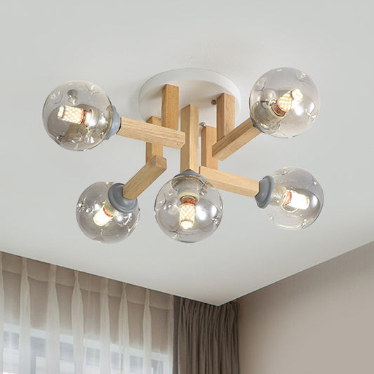 Modernism Globe Semi Flush Light Fixture Smoke Gray Glass 5/7 Bulbs Bedroom Ceiling Mounted Lamp with Bended Wood Arm 5 Smoke Gray Clearhalo 'Ceiling Lights' 'Close To Ceiling Lights' 'Close to ceiling' 'Glass shade' 'Glass' 'Pendant Lights' 'Semi-flushmount' Lighting' 737087