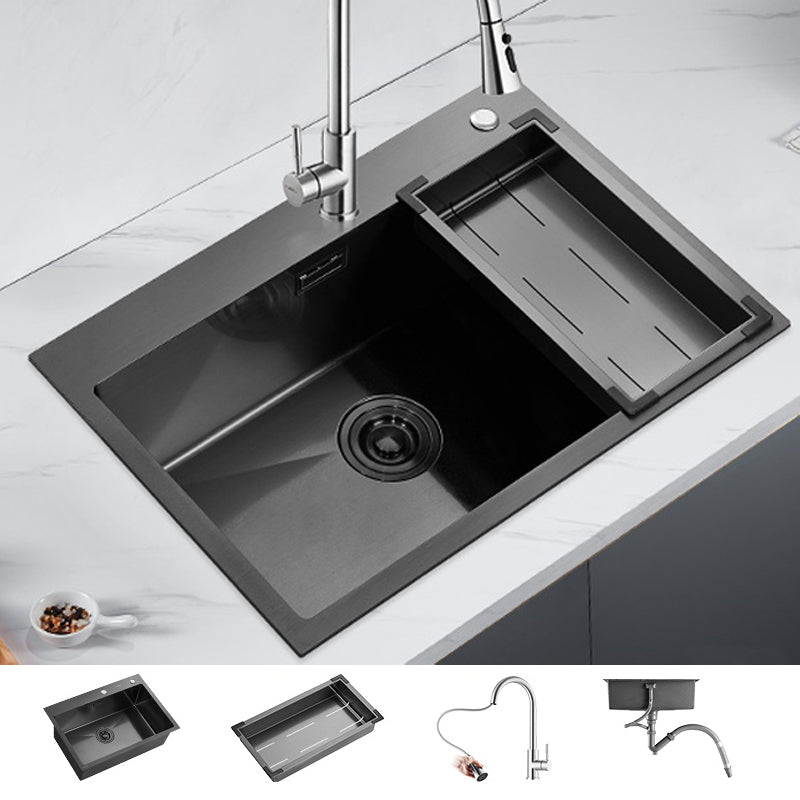 Soundproof Kitchen Sink Overflow Hole Design Drop-In Kitchen Sink with Faucet 26"L x 18"W x 8"H Black Pull Out Faucet Clearhalo 'Home Improvement' 'home_improvement' 'home_improvement_kitchen_sinks' 'Kitchen Remodel & Kitchen Fixtures' 'Kitchen Sinks & Faucet Components' 'Kitchen Sinks' 'kitchen_sinks' 7371302