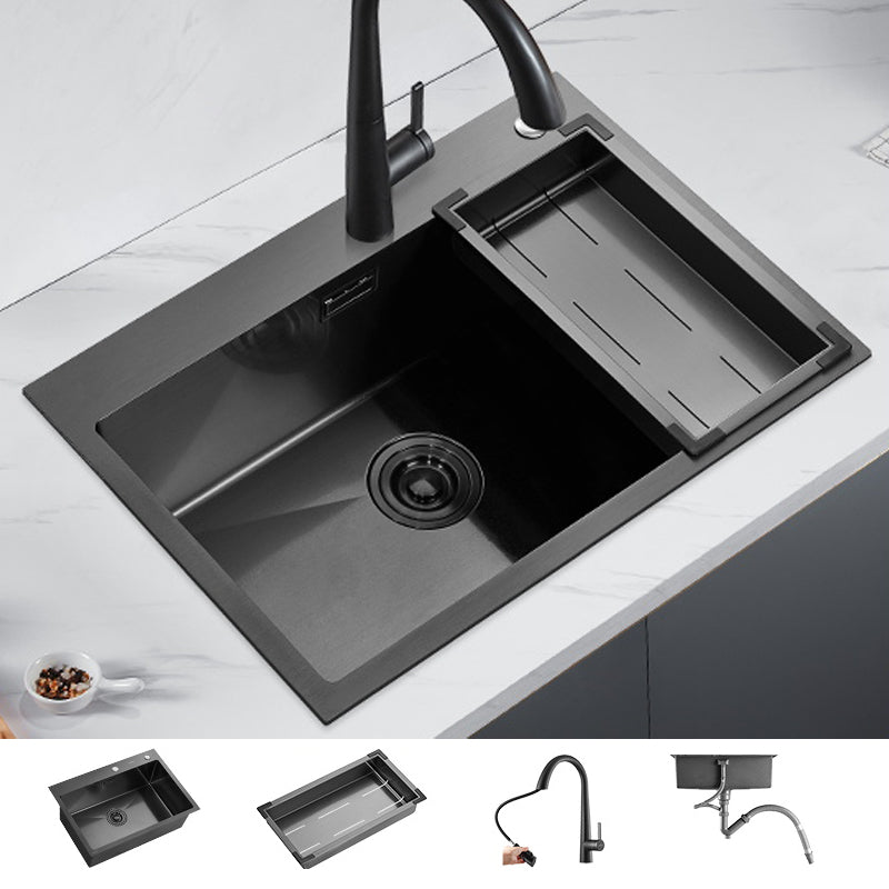 Soundproof Kitchen Sink Overflow Hole Design Drop-In Kitchen Sink with Faucet 26"L x 18"W x 8"H Black Concealed Pull-Out Faucet Clearhalo 'Home Improvement' 'home_improvement' 'home_improvement_kitchen_sinks' 'Kitchen Remodel & Kitchen Fixtures' 'Kitchen Sinks & Faucet Components' 'Kitchen Sinks' 'kitchen_sinks' 7371303
