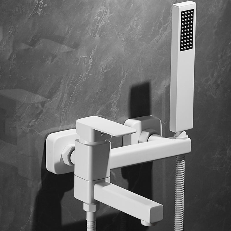 White Bath Faucet Trim Single Lever Handle Swivel Spout Wall-Mounted Handshower Tub Filler Straight Hand Shower Included Risers Not Included Clearhalo 'Bathroom Remodel & Bathroom Fixtures' 'Bathtub Faucets' 'bathtub_faucets' 'Home Improvement' 'home_improvement' 'home_improvement_bathtub_faucets' 7371413