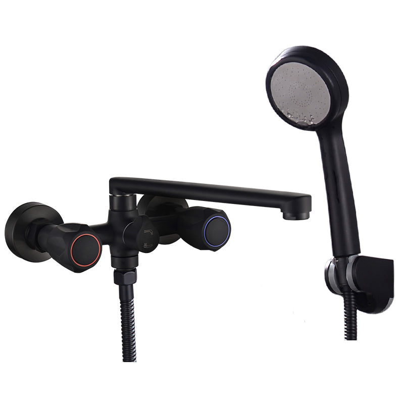 Modern Tub Faucet Trim Black Wall Mounted Swivel Spout with Handheld Shower Pressurized Shower Head Risers Not Included Clearhalo 'Bathroom Remodel & Bathroom Fixtures' 'Bathtub Faucets' 'bathtub_faucets' 'Home Improvement' 'home_improvement' 'home_improvement_bathtub_faucets' 7371439