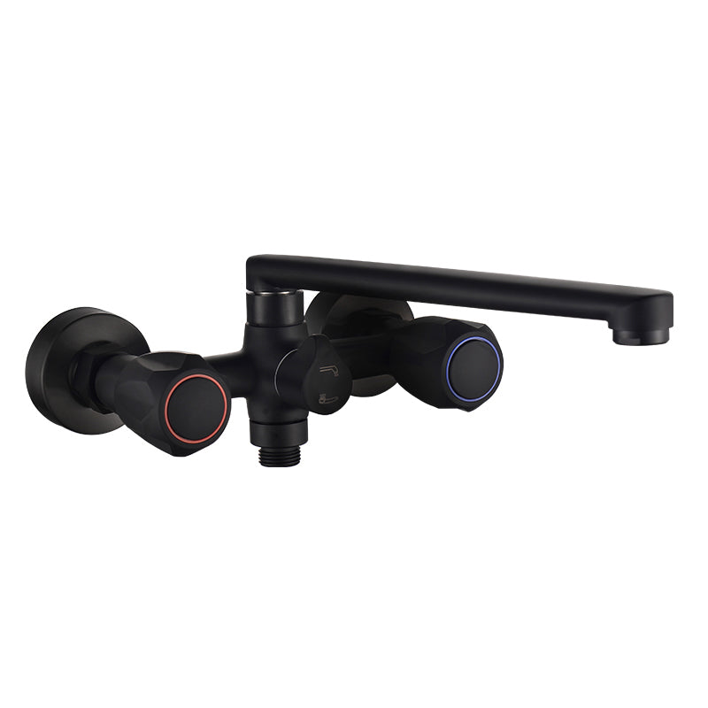 Modern Tub Faucet Trim Black Wall Mounted Swivel Spout with Handheld Shower Clearhalo 'Bathroom Remodel & Bathroom Fixtures' 'Bathtub Faucets' 'bathtub_faucets' 'Home Improvement' 'home_improvement' 'home_improvement_bathtub_faucets' 7371442