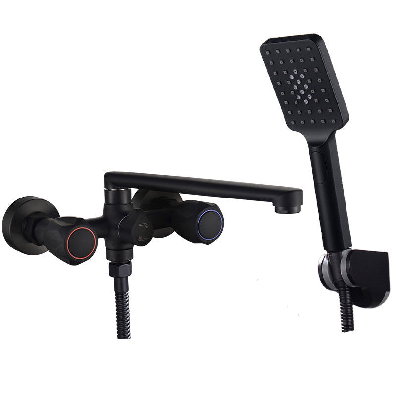 Modern Tub Faucet Trim Black Wall Mounted Swivel Spout with Handheld Shower Square Shower Head Risers Not Included Clearhalo 'Bathroom Remodel & Bathroom Fixtures' 'Bathtub Faucets' 'bathtub_faucets' 'Home Improvement' 'home_improvement' 'home_improvement_bathtub_faucets' 7371443
