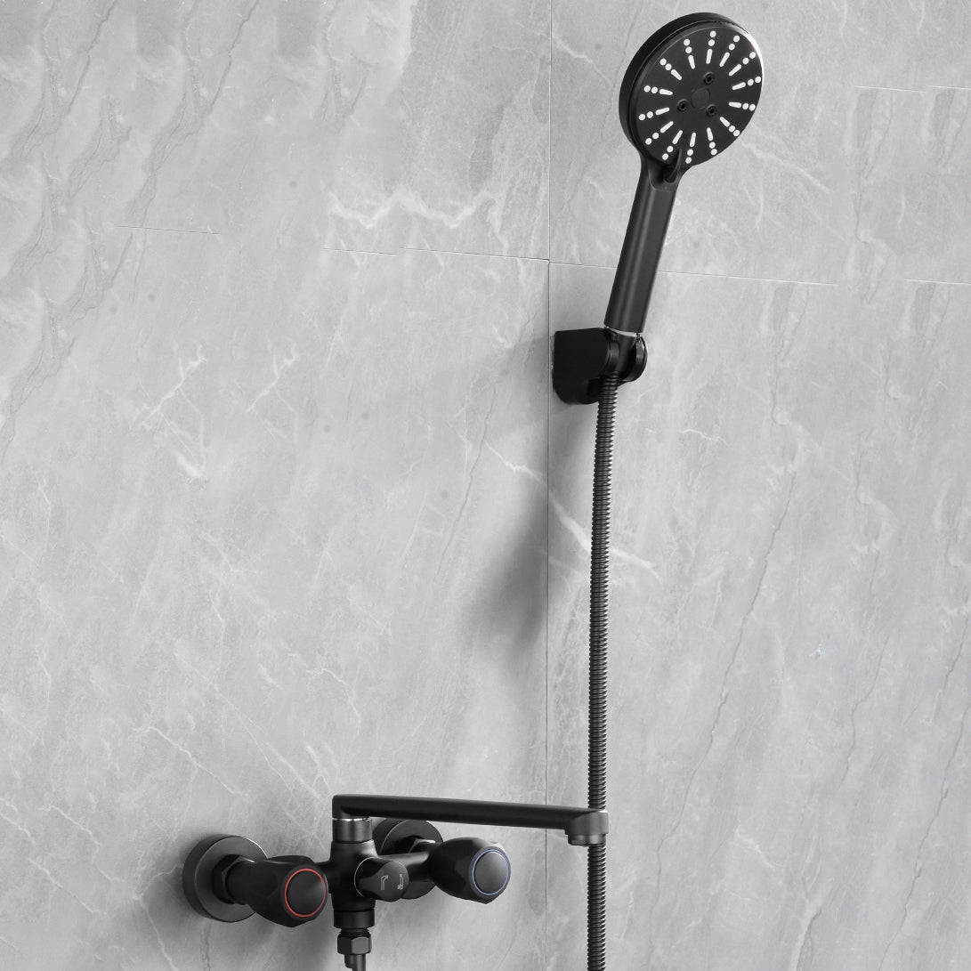 Modern Tub Faucet Trim Black Wall Mounted Swivel Spout with Handheld Shower Clearhalo 'Bathroom Remodel & Bathroom Fixtures' 'Bathtub Faucets' 'bathtub_faucets' 'Home Improvement' 'home_improvement' 'home_improvement_bathtub_faucets' 7371444
