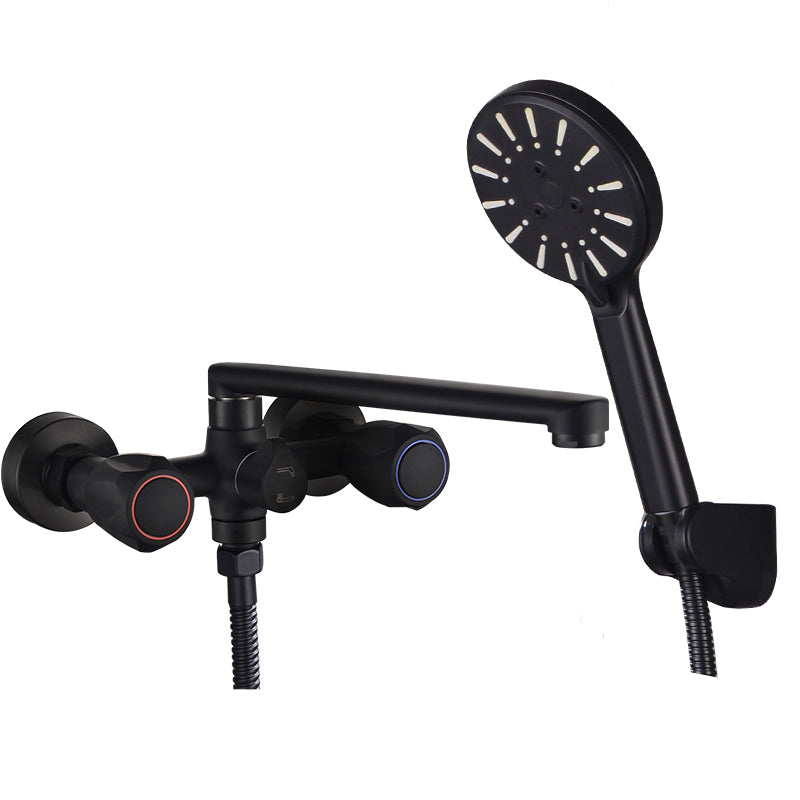 Modern Tub Faucet Trim Black Wall Mounted Swivel Spout with Handheld Shower Four Speed Shower Risers Not Included Clearhalo 'Bathroom Remodel & Bathroom Fixtures' 'Bathtub Faucets' 'bathtub_faucets' 'Home Improvement' 'home_improvement' 'home_improvement_bathtub_faucets' 7371445