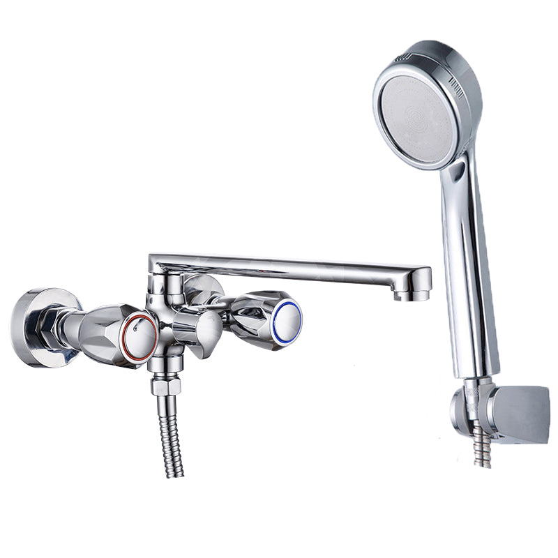 Contemporary Tub Faucet Trim Chrome Wall Mounted Swivel Spout with Handheld Shower Pressurized Shower Head Risers Not Included Clearhalo 'Bathroom Remodel & Bathroom Fixtures' 'Bathtub Faucets' 'bathtub_faucets' 'Home Improvement' 'home_improvement' 'home_improvement_bathtub_faucets' 7371460