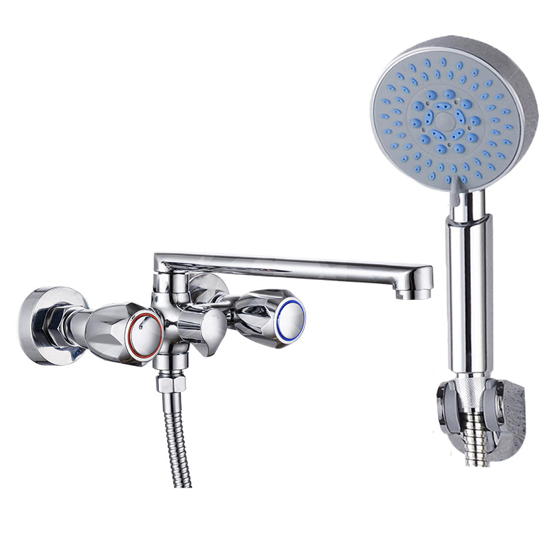 Contemporary Tub Faucet Trim Chrome Wall Mounted Swivel Spout with Handheld Shower Circle Shower Head Risers Not Included Clearhalo 'Bathroom Remodel & Bathroom Fixtures' 'Bathtub Faucets' 'bathtub_faucets' 'Home Improvement' 'home_improvement' 'home_improvement_bathtub_faucets' 7371461