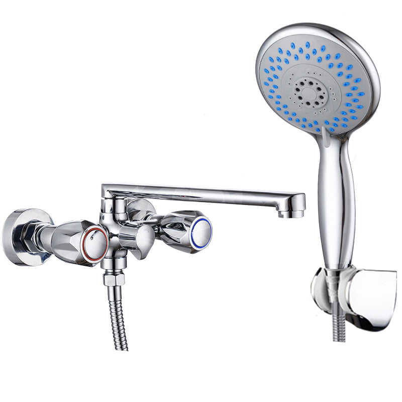 Contemporary Tub Faucet Trim Chrome Wall Mounted Swivel Spout with Handheld Shower Five-Mode Handshower Risers Not Included Clearhalo 'Bathroom Remodel & Bathroom Fixtures' 'Bathtub Faucets' 'bathtub_faucets' 'Home Improvement' 'home_improvement' 'home_improvement_bathtub_faucets' 7371463