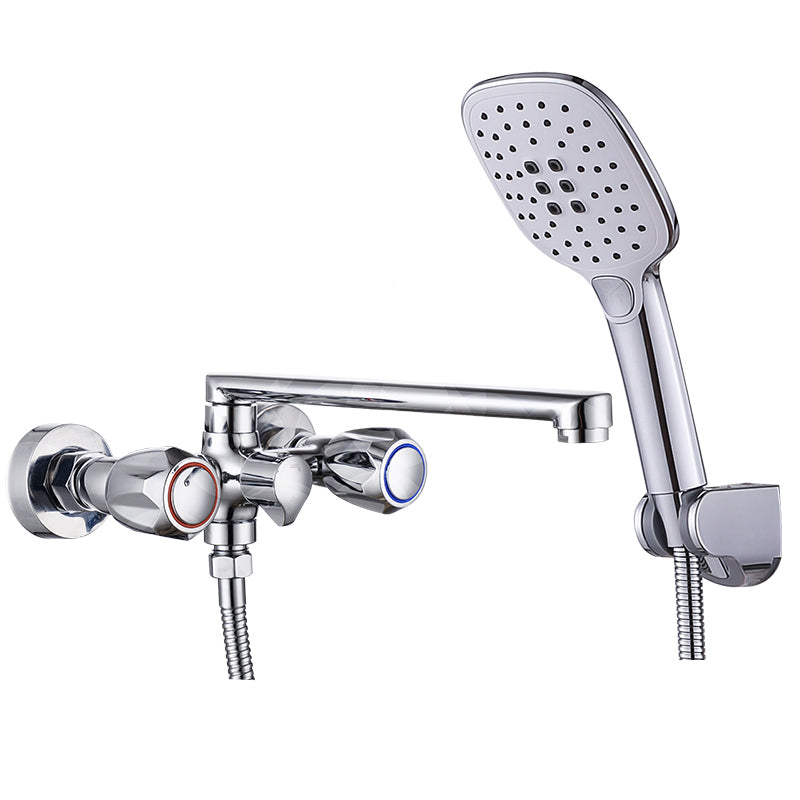 Contemporary Tub Faucet Trim Chrome Wall Mounted Swivel Spout with Handheld Shower Button Square Shower Risers Not Included Clearhalo 'Bathroom Remodel & Bathroom Fixtures' 'Bathtub Faucets' 'bathtub_faucets' 'Home Improvement' 'home_improvement' 'home_improvement_bathtub_faucets' 7371467