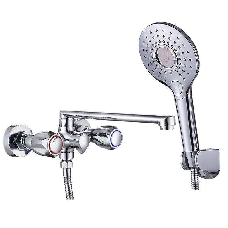 Contemporary Tub Faucet Trim Chrome Wall Mounted Swivel Spout with Handheld Shower Button Round Shower Risers Not Included Clearhalo 'Bathroom Remodel & Bathroom Fixtures' 'Bathtub Faucets' 'bathtub_faucets' 'Home Improvement' 'home_improvement' 'home_improvement_bathtub_faucets' 7371469