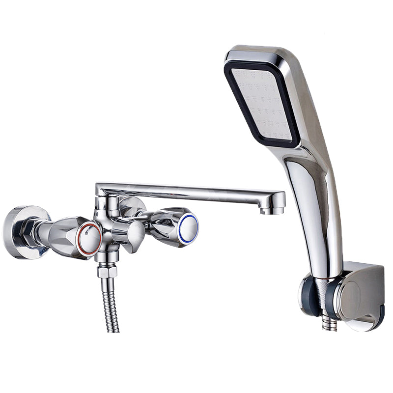 Contemporary Tub Faucet Trim Chrome Wall Mounted Swivel Spout with Handheld Shower Square Shower Head Risers Not Included Clearhalo 'Bathroom Remodel & Bathroom Fixtures' 'Bathtub Faucets' 'bathtub_faucets' 'Home Improvement' 'home_improvement' 'home_improvement_bathtub_faucets' 7371471
