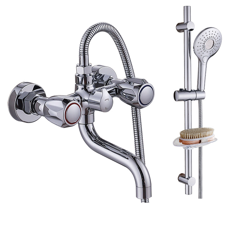 Chrome Bath Faucet Trim Wall Mounted Swivel Spout with Handheld Shower Button Round Shower Risers Included Clearhalo 'Bathroom Remodel & Bathroom Fixtures' 'Bathtub Faucets' 'bathtub_faucets' 'Home Improvement' 'home_improvement' 'home_improvement_bathtub_faucets' 7371484