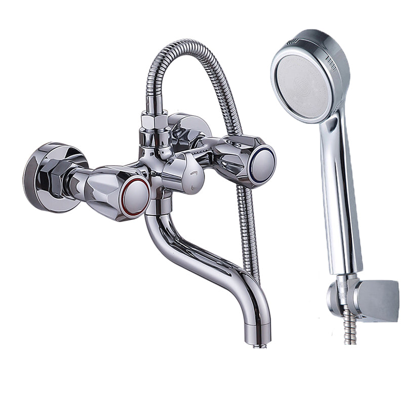 Chrome Bath Faucet Trim Wall Mounted Swivel Spout with Handheld Shower Pressurized Shower Head Risers Not Included Clearhalo 'Bathroom Remodel & Bathroom Fixtures' 'Bathtub Faucets' 'bathtub_faucets' 'Home Improvement' 'home_improvement' 'home_improvement_bathtub_faucets' 7371486