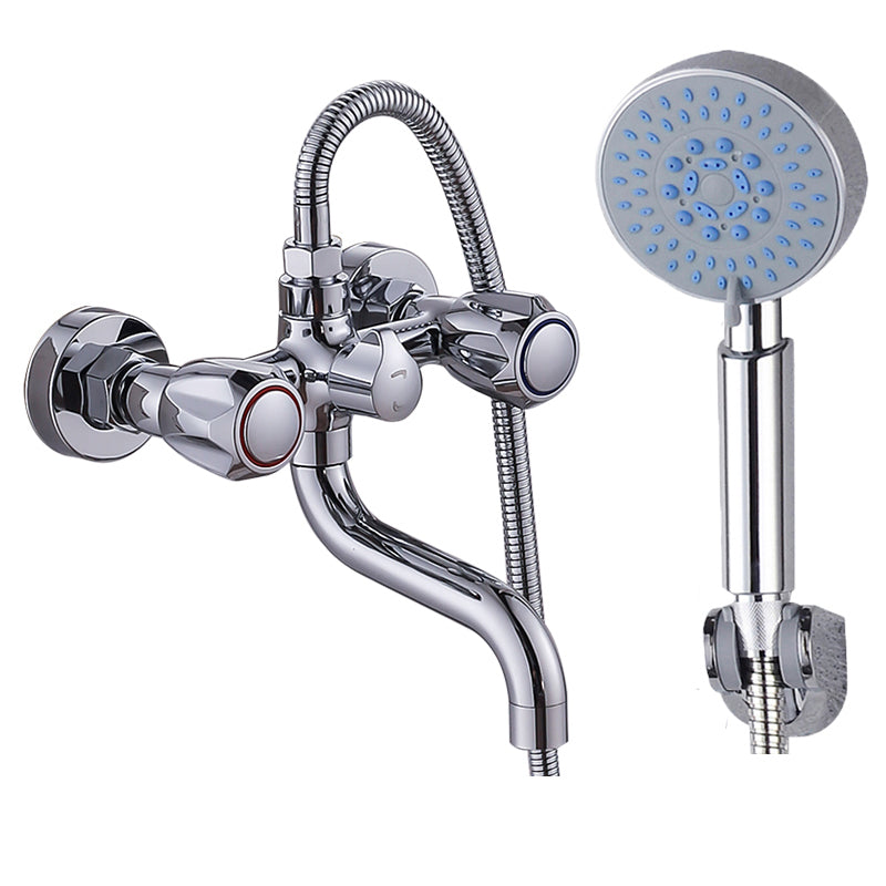 Chrome Bath Faucet Trim Wall Mounted Swivel Spout with Handheld Shower Circle Shower Head Risers Not Included Clearhalo 'Bathroom Remodel & Bathroom Fixtures' 'Bathtub Faucets' 'bathtub_faucets' 'Home Improvement' 'home_improvement' 'home_improvement_bathtub_faucets' 7371487
