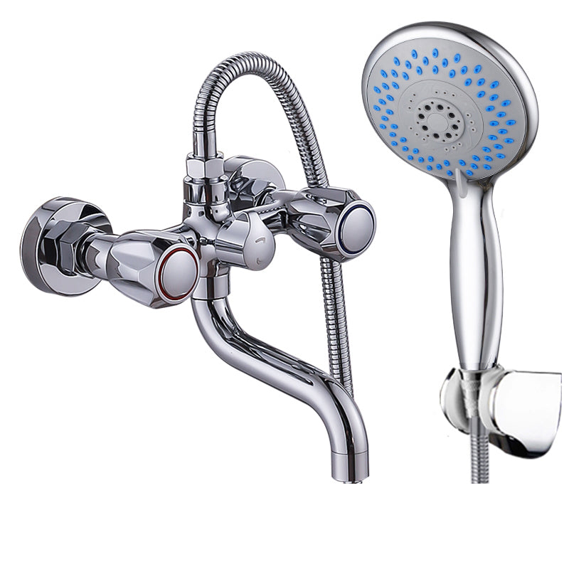 Chrome Bath Faucet Trim Wall Mounted Swivel Spout with Handheld Shower Five-Mode Handshower Risers Not Included Clearhalo 'Bathroom Remodel & Bathroom Fixtures' 'Bathtub Faucets' 'bathtub_faucets' 'Home Improvement' 'home_improvement' 'home_improvement_bathtub_faucets' 7371489