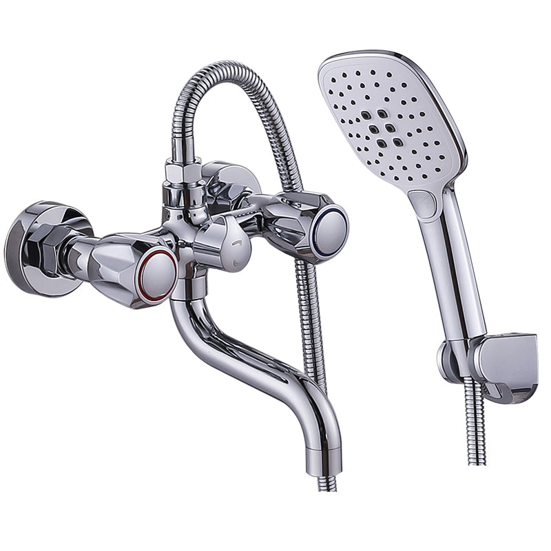 Chrome Bath Faucet Trim Wall Mounted Swivel Spout with Handheld Shower Button Square Shower Risers Not Included Clearhalo 'Bathroom Remodel & Bathroom Fixtures' 'Bathtub Faucets' 'bathtub_faucets' 'Home Improvement' 'home_improvement' 'home_improvement_bathtub_faucets' 7371493
