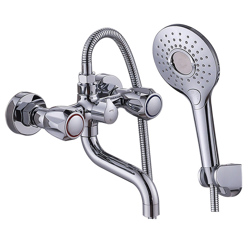 Chrome Bath Faucet Trim Wall Mounted Swivel Spout with Handheld Shower Button Round Shower Risers Not Included Clearhalo 'Bathroom Remodel & Bathroom Fixtures' 'Bathtub Faucets' 'bathtub_faucets' 'Home Improvement' 'home_improvement' 'home_improvement_bathtub_faucets' 7371495
