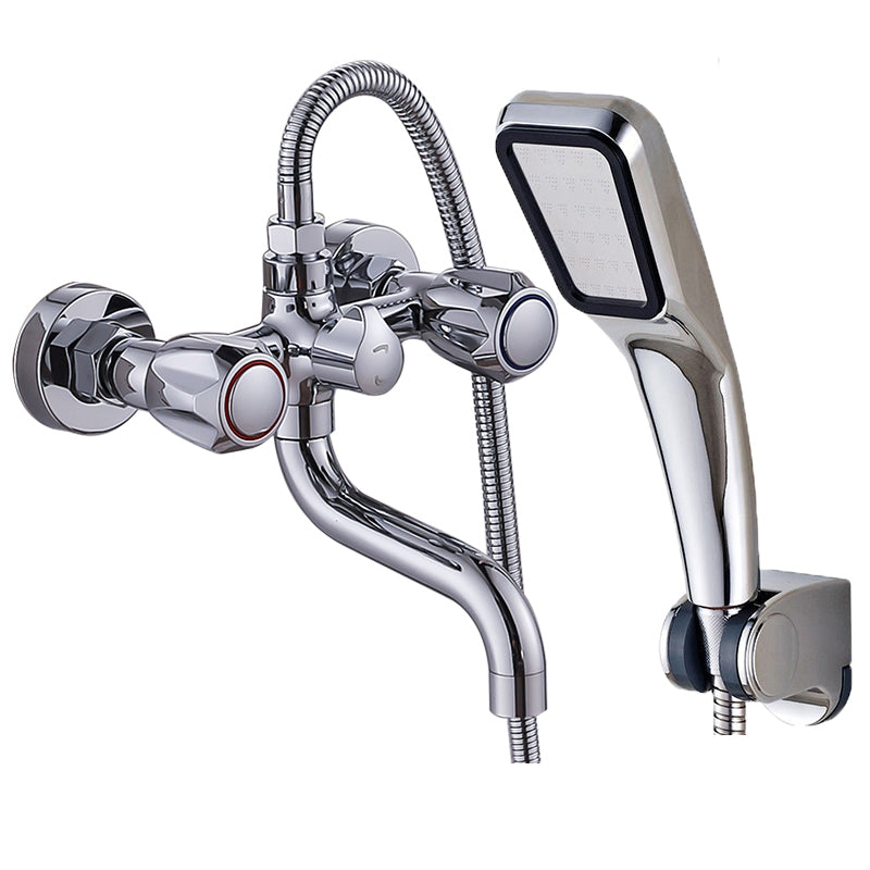 Chrome Bath Faucet Trim Wall Mounted Swivel Spout with Handheld Shower Square Shower Head Risers Not Included Clearhalo 'Bathroom Remodel & Bathroom Fixtures' 'Bathtub Faucets' 'bathtub_faucets' 'Home Improvement' 'home_improvement' 'home_improvement_bathtub_faucets' 7371497