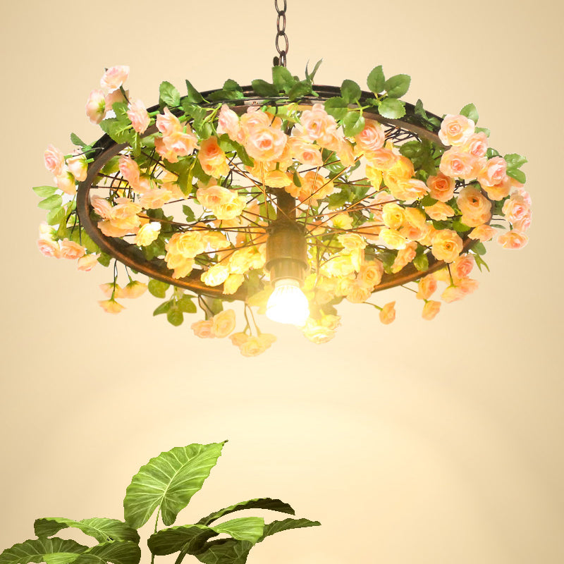 8.5"/15" W Wheel Restaurant Drop Lamp Factory Iron 1 Bulb Pink/Blue Down Lighting Pendant with Artificial Flower Decor Pink Clearhalo 'Art Deco Pendants' 'Cast Iron' 'Ceiling Lights' 'Ceramic' 'Crystal' 'Industrial Pendants' 'Industrial' 'Metal' 'Middle Century Pendants' 'Pendant Lights' 'Pendants' 'Tiffany' Lighting' 737203