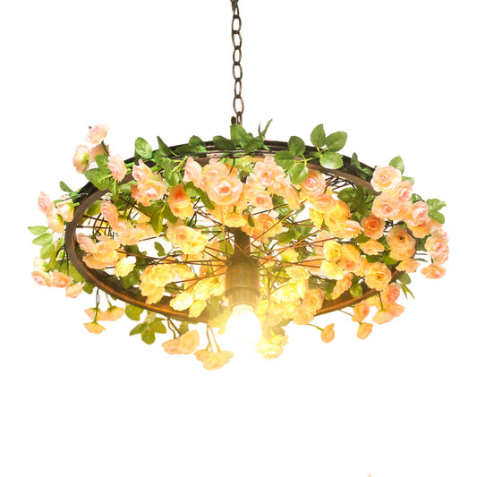 8.5"/15" W Wheel Restaurant Drop Lamp Factory Iron 1 Bulb Pink/Blue Down Lighting Pendant with Artificial Flower Decor Clearhalo 'Art Deco Pendants' 'Cast Iron' 'Ceiling Lights' 'Ceramic' 'Crystal' 'Industrial Pendants' 'Industrial' 'Metal' 'Middle Century Pendants' 'Pendant Lights' 'Pendants' 'Tiffany' Lighting' 737204