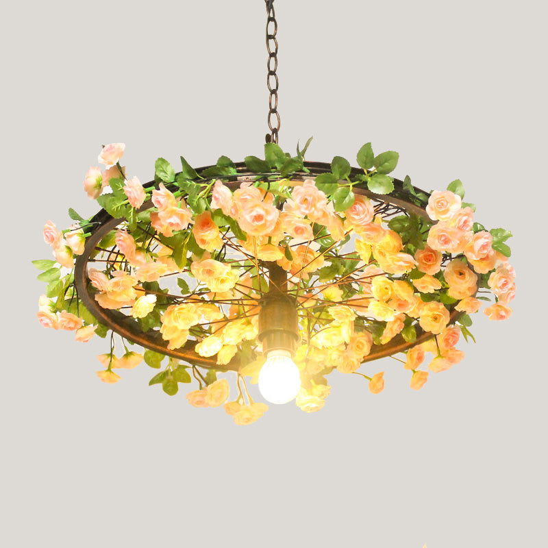 8.5"/15" W Wheel Restaurant Drop Lamp Factory Iron 1 Bulb Pink/Blue Down Lighting Pendant with Artificial Flower Decor Clearhalo 'Art Deco Pendants' 'Cast Iron' 'Ceiling Lights' 'Ceramic' 'Crystal' 'Industrial Pendants' 'Industrial' 'Metal' 'Middle Century Pendants' 'Pendant Lights' 'Pendants' 'Tiffany' Lighting' 737205