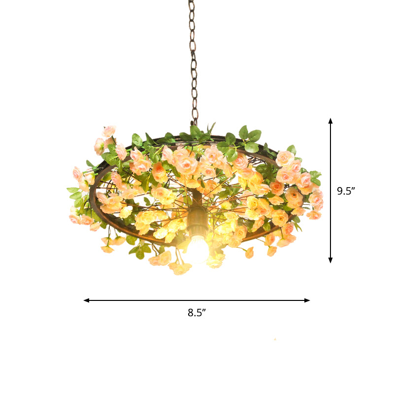 8.5"/15" W Wheel Restaurant Drop Lamp Factory Iron 1 Bulb Pink/Blue Down Lighting Pendant with Artificial Flower Decor Clearhalo 'Art Deco Pendants' 'Cast Iron' 'Ceiling Lights' 'Ceramic' 'Crystal' 'Industrial Pendants' 'Industrial' 'Metal' 'Middle Century Pendants' 'Pendant Lights' 'Pendants' 'Tiffany' Lighting' 737206