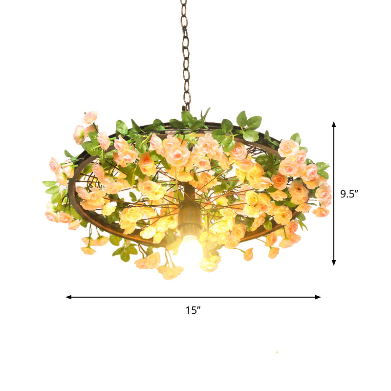 8.5"/15" W Wheel Restaurant Drop Lamp Factory Iron 1 Bulb Pink/Blue Down Lighting Pendant with Artificial Flower Decor Clearhalo 'Art Deco Pendants' 'Cast Iron' 'Ceiling Lights' 'Ceramic' 'Crystal' 'Industrial Pendants' 'Industrial' 'Metal' 'Middle Century Pendants' 'Pendant Lights' 'Pendants' 'Tiffany' Lighting' 737207
