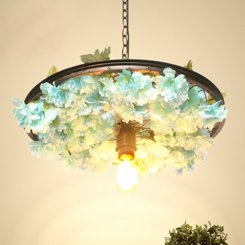 8.5"/15" W Wheel Restaurant Drop Lamp Factory Iron 1 Bulb Pink/Blue Down Lighting Pendant with Artificial Flower Decor Blue Clearhalo 'Art Deco Pendants' 'Cast Iron' 'Ceiling Lights' 'Ceramic' 'Crystal' 'Industrial Pendants' 'Industrial' 'Metal' 'Middle Century Pendants' 'Pendant Lights' 'Pendants' 'Tiffany' Lighting' 737208