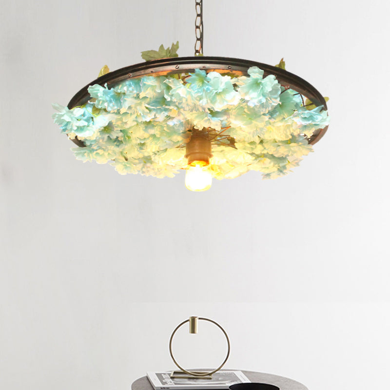 8.5"/15" W Wheel Restaurant Drop Lamp Factory Iron 1 Bulb Pink/Blue Down Lighting Pendant with Artificial Flower Decor Clearhalo 'Art Deco Pendants' 'Cast Iron' 'Ceiling Lights' 'Ceramic' 'Crystal' 'Industrial Pendants' 'Industrial' 'Metal' 'Middle Century Pendants' 'Pendant Lights' 'Pendants' 'Tiffany' Lighting' 737209