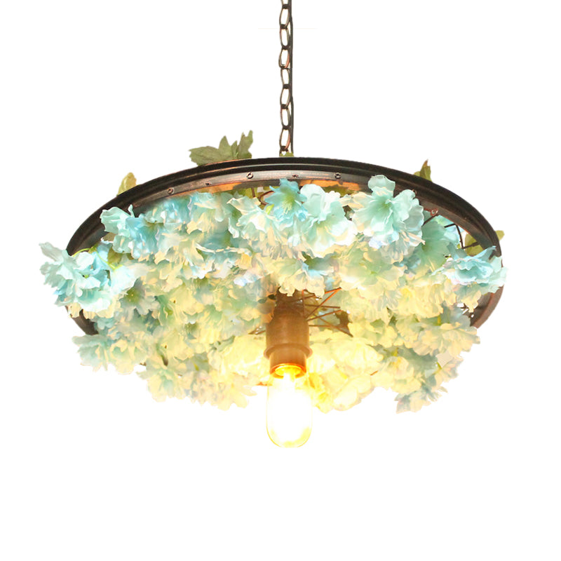 8.5"/15" W Wheel Restaurant Drop Lamp Factory Iron 1 Bulb Pink/Blue Down Lighting Pendant with Artificial Flower Decor Clearhalo 'Art Deco Pendants' 'Cast Iron' 'Ceiling Lights' 'Ceramic' 'Crystal' 'Industrial Pendants' 'Industrial' 'Metal' 'Middle Century Pendants' 'Pendant Lights' 'Pendants' 'Tiffany' Lighting' 737210