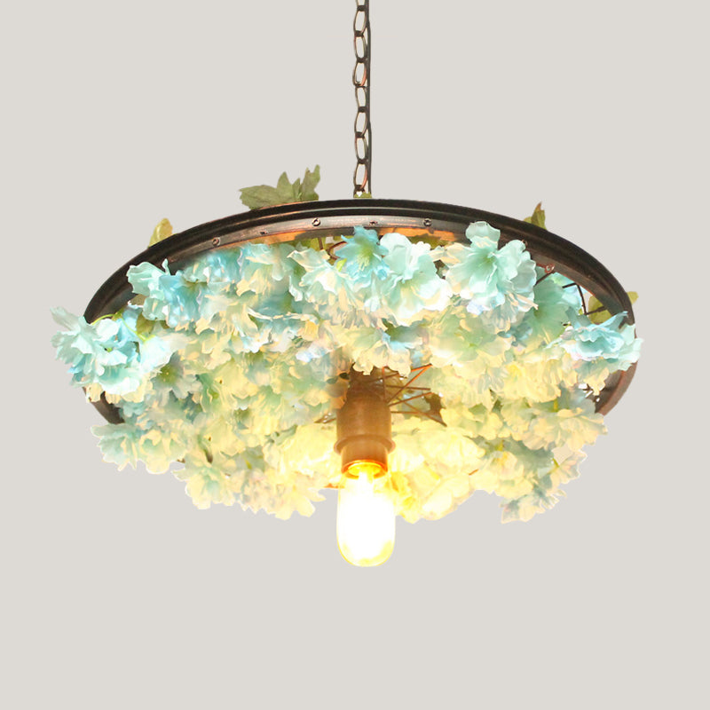 8.5"/15" W Wheel Restaurant Drop Lamp Factory Iron 1 Bulb Pink/Blue Down Lighting Pendant with Artificial Flower Decor Clearhalo 'Art Deco Pendants' 'Cast Iron' 'Ceiling Lights' 'Ceramic' 'Crystal' 'Industrial Pendants' 'Industrial' 'Metal' 'Middle Century Pendants' 'Pendant Lights' 'Pendants' 'Tiffany' Lighting' 737211