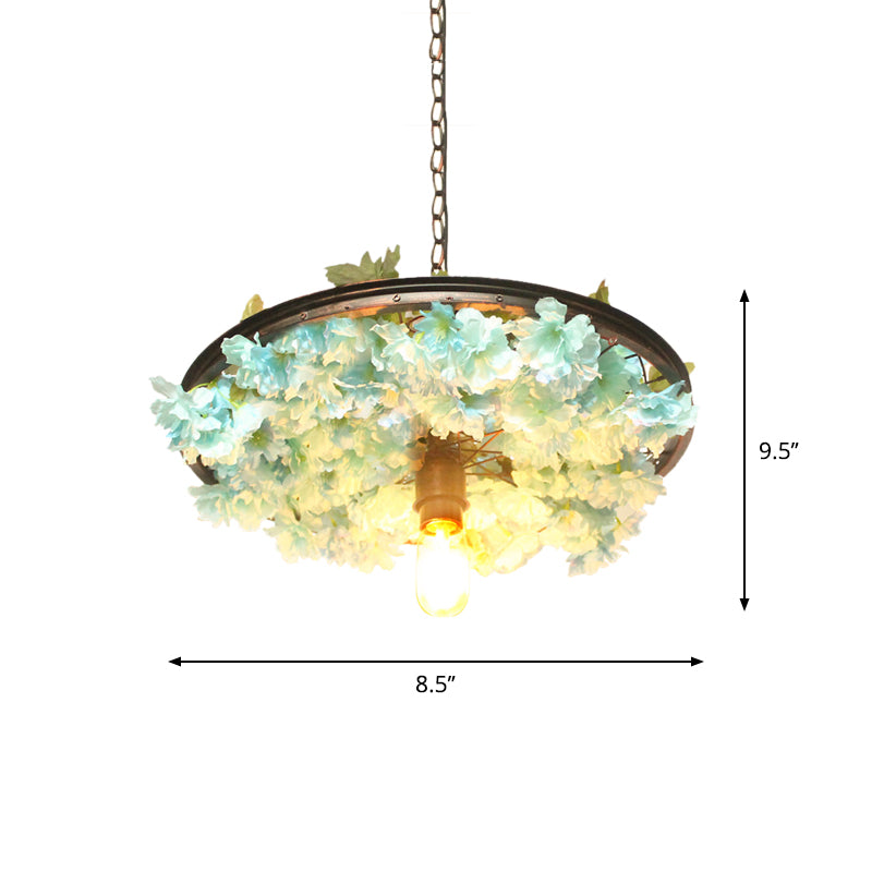 8.5"/15" W Wheel Restaurant Drop Lamp Factory Iron 1 Bulb Pink/Blue Down Lighting Pendant with Artificial Flower Decor Clearhalo 'Art Deco Pendants' 'Cast Iron' 'Ceiling Lights' 'Ceramic' 'Crystal' 'Industrial Pendants' 'Industrial' 'Metal' 'Middle Century Pendants' 'Pendant Lights' 'Pendants' 'Tiffany' Lighting' 737212