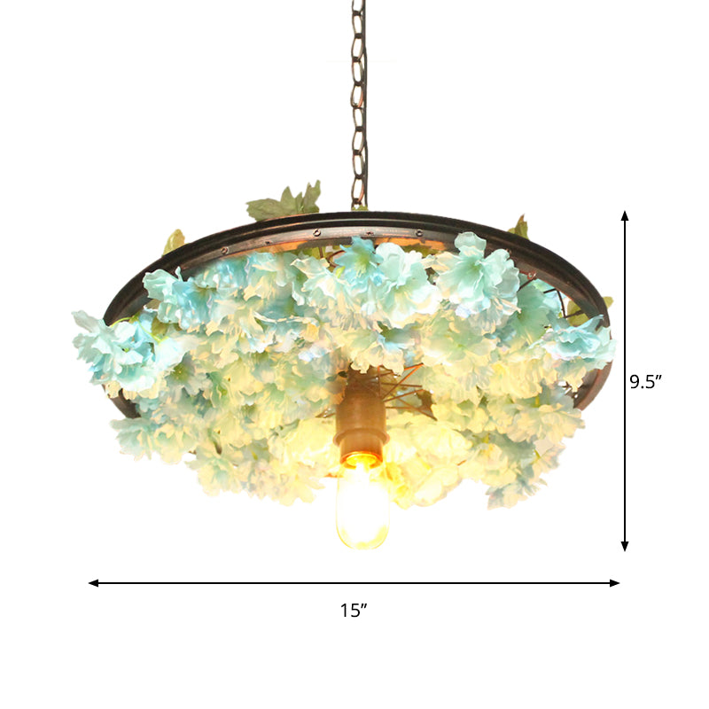8.5"/15" W Wheel Restaurant Drop Lamp Factory Iron 1 Bulb Pink/Blue Down Lighting Pendant with Artificial Flower Decor Clearhalo 'Art Deco Pendants' 'Cast Iron' 'Ceiling Lights' 'Ceramic' 'Crystal' 'Industrial Pendants' 'Industrial' 'Metal' 'Middle Century Pendants' 'Pendant Lights' 'Pendants' 'Tiffany' Lighting' 737213