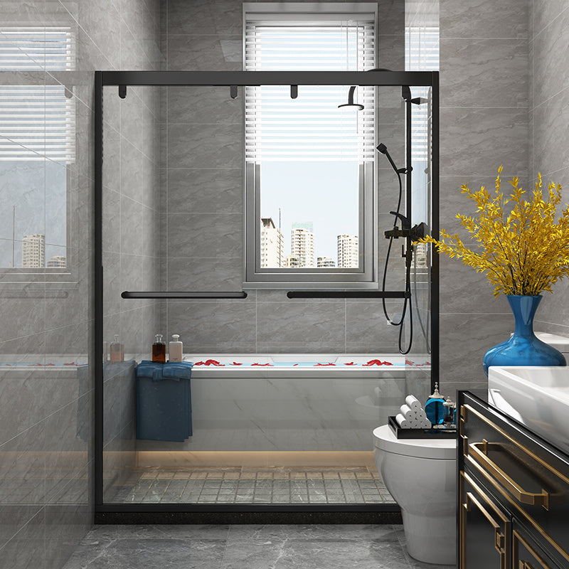 Double Sliding Shower Door Semi Frameless Tempered Glass Shower Screen Black Clearhalo 'Bathroom Remodel & Bathroom Fixtures' 'Home Improvement' 'home_improvement' 'home_improvement_shower_tub_doors' 'Shower and Tub Doors' 'shower_tub_doors' 'Showers & Bathtubs' 7372320