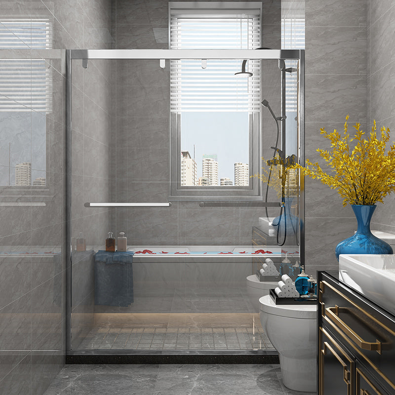 Double Sliding Shower Door Semi Frameless Tempered Glass Shower Screen Silver Clearhalo 'Bathroom Remodel & Bathroom Fixtures' 'Home Improvement' 'home_improvement' 'home_improvement_shower_tub_doors' 'Shower and Tub Doors' 'shower_tub_doors' 'Showers & Bathtubs' 7372321