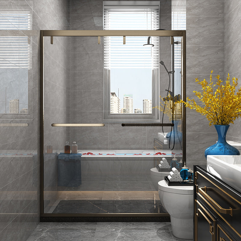 Double Sliding Shower Door Semi Frameless Tempered Glass Shower Screen Gold Clearhalo 'Bathroom Remodel & Bathroom Fixtures' 'Home Improvement' 'home_improvement' 'home_improvement_shower_tub_doors' 'Shower and Tub Doors' 'shower_tub_doors' 'Showers & Bathtubs' 7372322