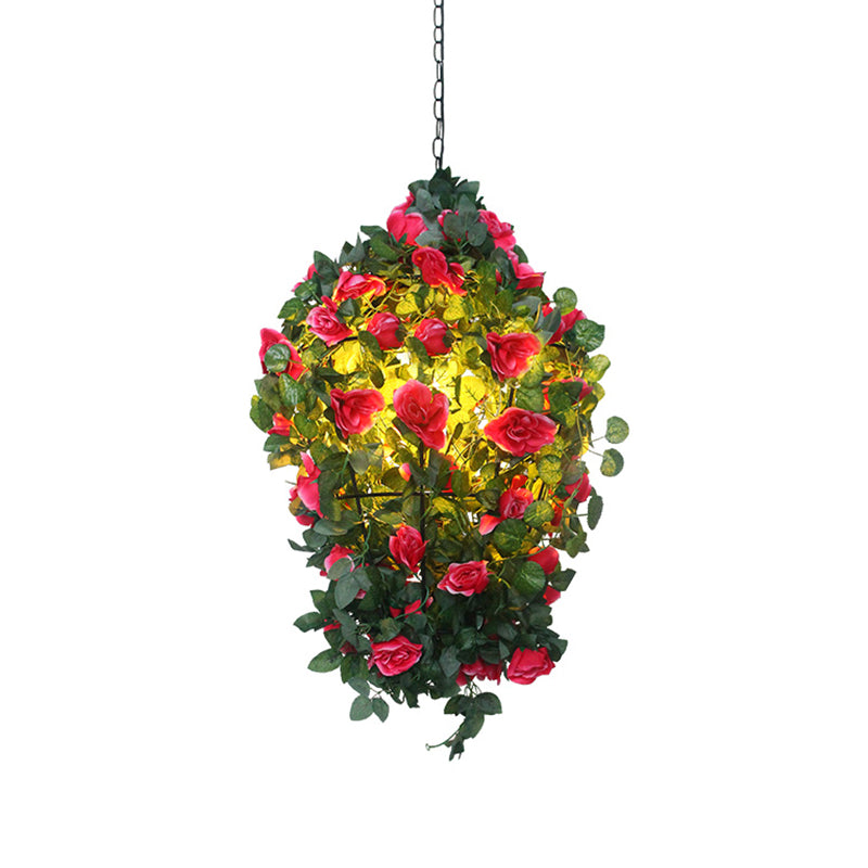 Cone Cage Restaurant Ceiling Light Loft Iron 1 Bulb Red/Blue Hanging Pendant Lamp with Flower Decor Clearhalo 'Art Deco Pendants' 'Cast Iron' 'Ceiling Lights' 'Ceramic' 'Crystal' 'Industrial Pendants' 'Industrial' 'Metal' 'Middle Century Pendants' 'Pendant Lights' 'Pendants' 'Tiffany' Lighting' 737284