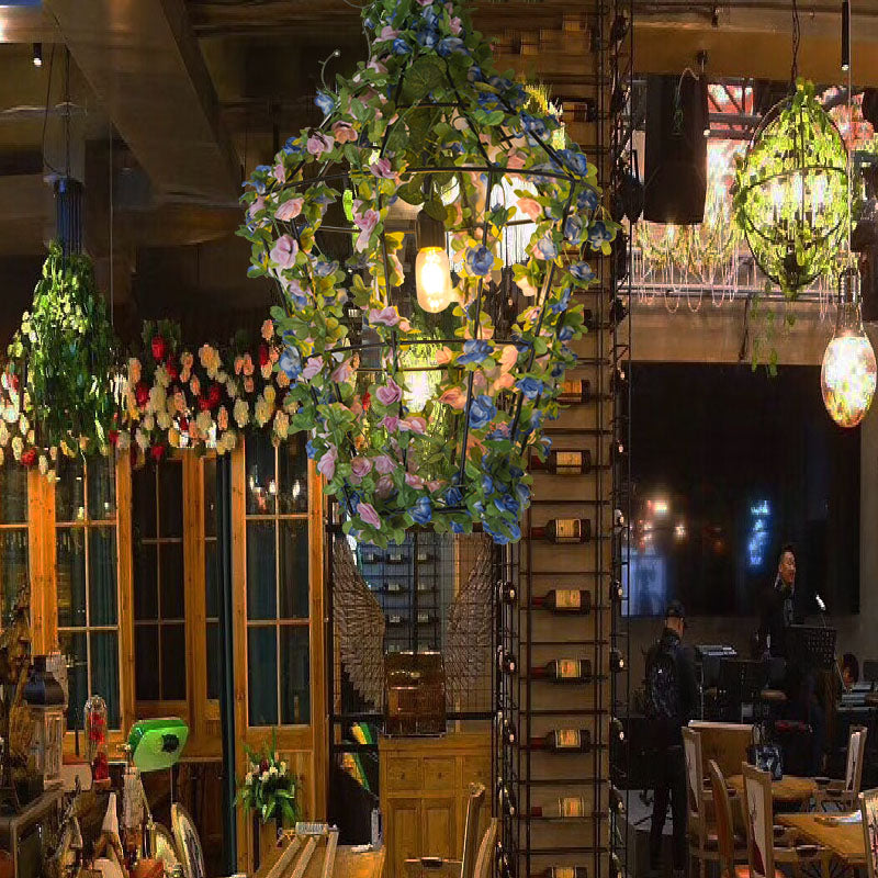 Cone Cage Restaurant Ceiling Light Loft Iron 1 Bulb Red/Blue Hanging Pendant Lamp with Flower Decor Clearhalo 'Art Deco Pendants' 'Cast Iron' 'Ceiling Lights' 'Ceramic' 'Crystal' 'Industrial Pendants' 'Industrial' 'Metal' 'Middle Century Pendants' 'Pendant Lights' 'Pendants' 'Tiffany' Lighting' 737288