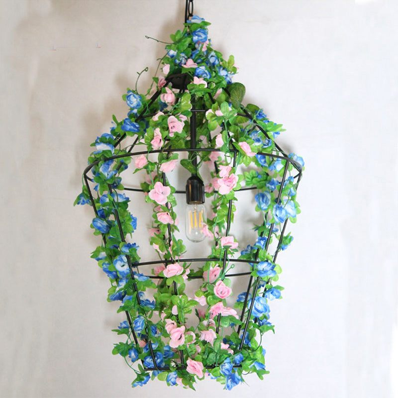 Cone Cage Restaurant Ceiling Light Loft Iron 1 Bulb Red/Blue Hanging Pendant Lamp with Flower Decor Clearhalo 'Art Deco Pendants' 'Cast Iron' 'Ceiling Lights' 'Ceramic' 'Crystal' 'Industrial Pendants' 'Industrial' 'Metal' 'Middle Century Pendants' 'Pendant Lights' 'Pendants' 'Tiffany' Lighting' 737290