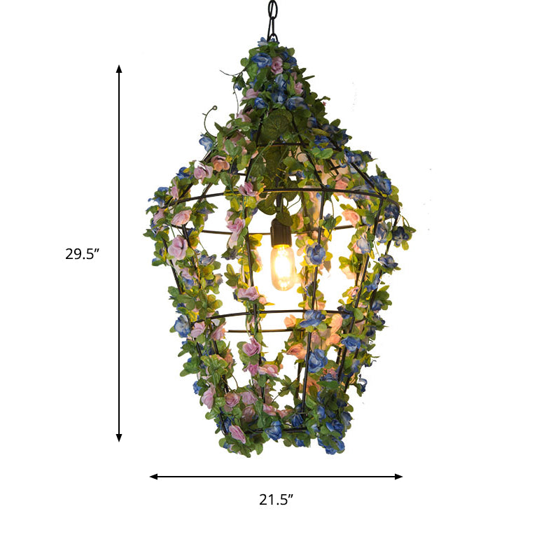 Cone Cage Restaurant Ceiling Light Loft Iron 1 Bulb Red/Blue Hanging Pendant Lamp with Flower Decor Clearhalo 'Art Deco Pendants' 'Cast Iron' 'Ceiling Lights' 'Ceramic' 'Crystal' 'Industrial Pendants' 'Industrial' 'Metal' 'Middle Century Pendants' 'Pendant Lights' 'Pendants' 'Tiffany' Lighting' 737291