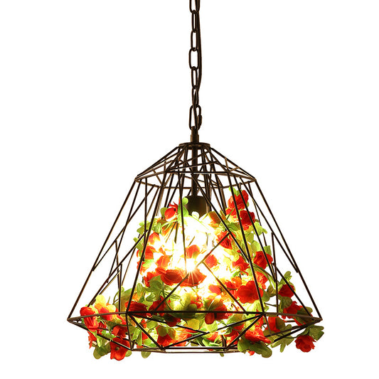 Farm Diamond Cage Ceiling Pendant 1 Bulb Iron Hanging Light Fixture in Black with Artificial Flower Clearhalo 'Art Deco Pendants' 'Black' 'Cast Iron' 'Ceiling Lights' 'Ceramic' 'Crystal' 'Industrial Pendants' 'Industrial' 'Metal' 'Middle Century Pendants' 'Pendant Lights' 'Pendants' 'Rustic Pendants' 'Tiffany' Lighting' 737307
