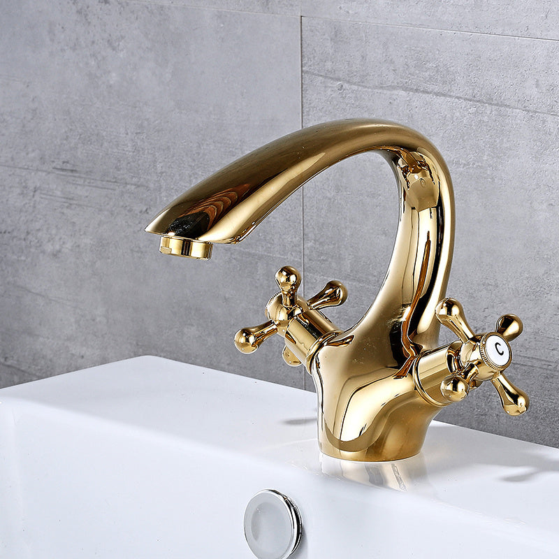 Bathroom Vessel Faucet Double Cross Handle Low Arc Industrial Sink Faucet Gold 6.5" Clearhalo 'Bathroom Remodel & Bathroom Fixtures' 'Bathroom Sink Faucets' 'Bathroom Sinks & Faucet Components' 'bathroom_sink_faucets' 'Home Improvement' 'home_improvement' 'home_improvement_bathroom_sink_faucets' 7373355