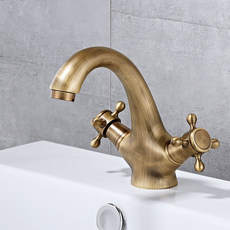 Bathroom Vessel Faucet Double Cross Handle Low Arc Industrial Sink Faucet Brass 5.9" Clearhalo 'Bathroom Remodel & Bathroom Fixtures' 'Bathroom Sink Faucets' 'Bathroom Sinks & Faucet Components' 'bathroom_sink_faucets' 'Home Improvement' 'home_improvement' 'home_improvement_bathroom_sink_faucets' 7373359