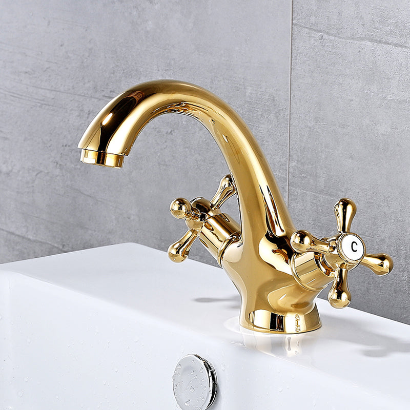 Bathroom Vessel Faucet Double Cross Handle Low Arc Industrial Sink Faucet Gold 5.9" Clearhalo 'Bathroom Remodel & Bathroom Fixtures' 'Bathroom Sink Faucets' 'Bathroom Sinks & Faucet Components' 'bathroom_sink_faucets' 'Home Improvement' 'home_improvement' 'home_improvement_bathroom_sink_faucets' 7373361