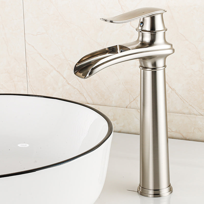 Vessel Faucet Waterfall Spout Traditional Circular Lever Handle Vanity Sink Faucet Nickel 11.8" Clearhalo 'Bathroom Remodel & Bathroom Fixtures' 'Bathroom Sink Faucets' 'Bathroom Sinks & Faucet Components' 'bathroom_sink_faucets' 'Home Improvement' 'home_improvement' 'home_improvement_bathroom_sink_faucets' 7373368
