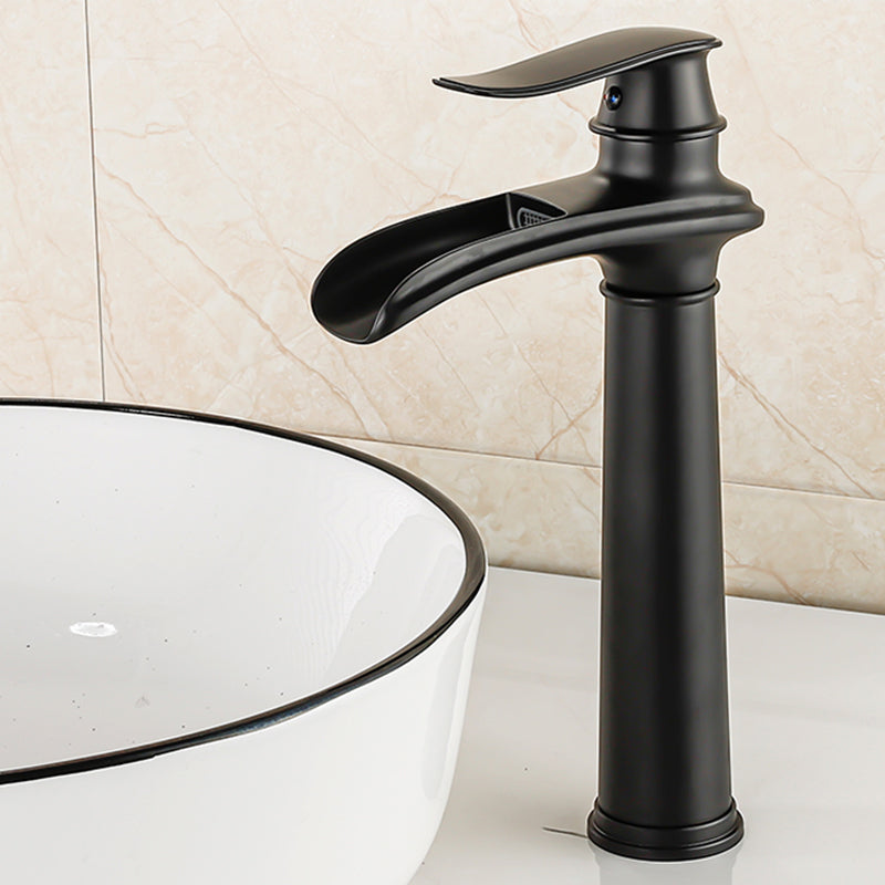 Vessel Faucet Waterfall Spout Traditional Circular Lever Handle Vanity Sink Faucet Black 11.8" Clearhalo 'Bathroom Remodel & Bathroom Fixtures' 'Bathroom Sink Faucets' 'Bathroom Sinks & Faucet Components' 'bathroom_sink_faucets' 'Home Improvement' 'home_improvement' 'home_improvement_bathroom_sink_faucets' 7373372