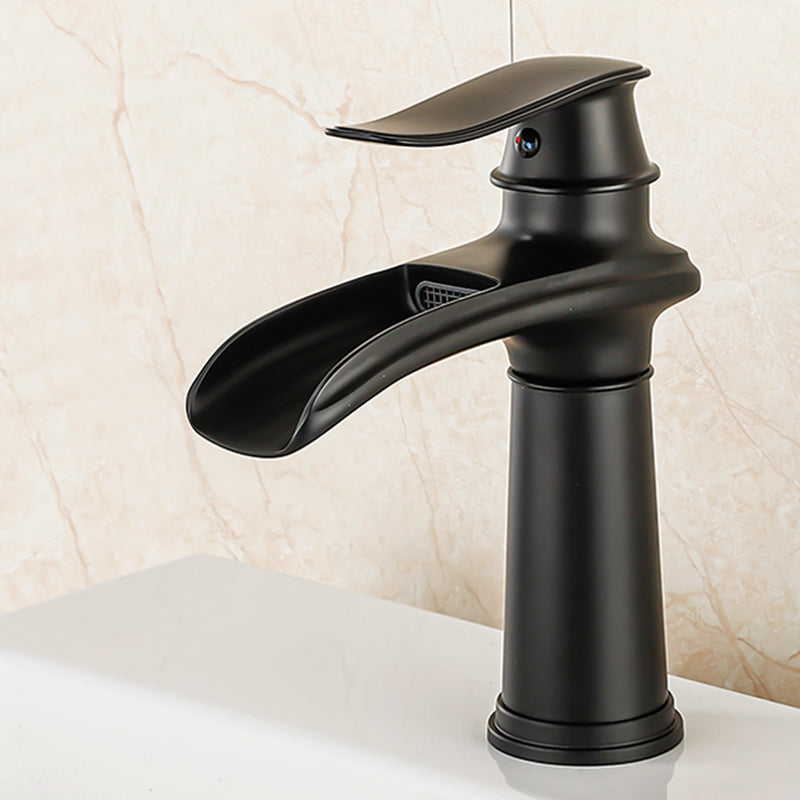 Vessel Faucet Waterfall Spout Traditional Circular Lever Handle Vanity Sink Faucet Black 7.9" Clearhalo 'Bathroom Remodel & Bathroom Fixtures' 'Bathroom Sink Faucets' 'Bathroom Sinks & Faucet Components' 'bathroom_sink_faucets' 'Home Improvement' 'home_improvement' 'home_improvement_bathroom_sink_faucets' 7373373