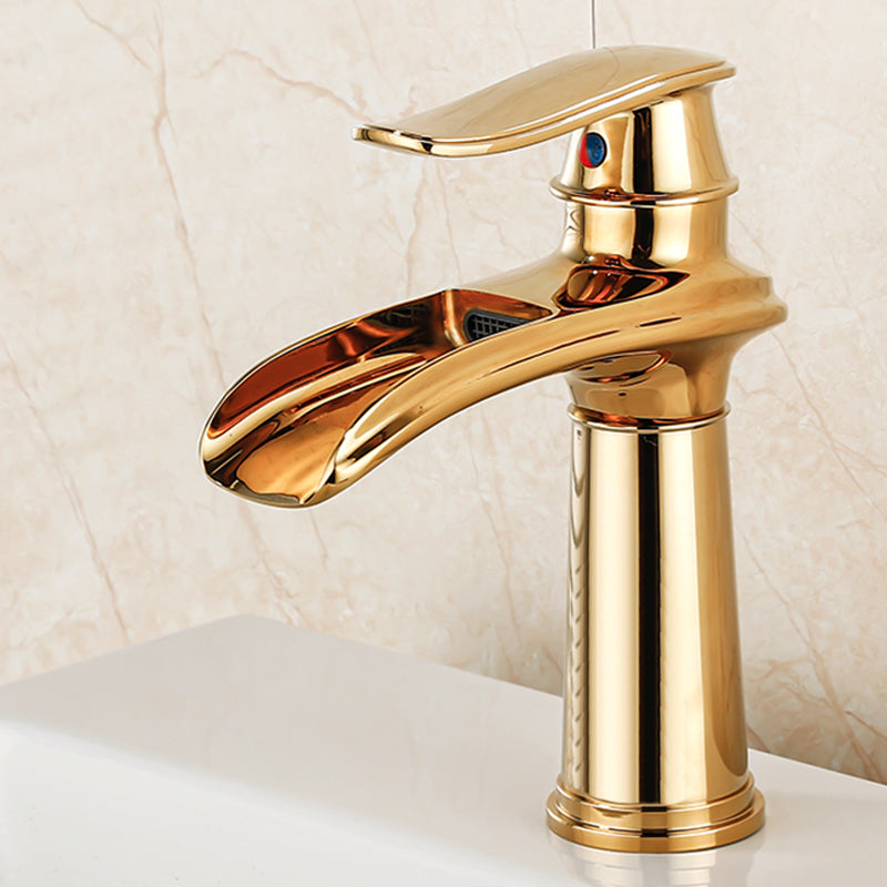 Vessel Faucet Waterfall Spout Traditional Circular Lever Handle Vanity Sink Faucet Gold 7.9" Clearhalo 'Bathroom Remodel & Bathroom Fixtures' 'Bathroom Sink Faucets' 'Bathroom Sinks & Faucet Components' 'bathroom_sink_faucets' 'Home Improvement' 'home_improvement' 'home_improvement_bathroom_sink_faucets' 7373375