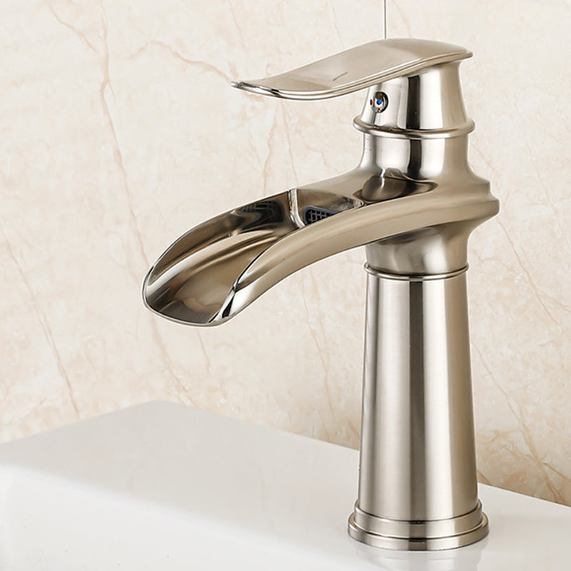 Vessel Faucet Waterfall Spout Traditional Circular Lever Handle Vanity Sink Faucet Nickel 7.9" Clearhalo 'Bathroom Remodel & Bathroom Fixtures' 'Bathroom Sink Faucets' 'Bathroom Sinks & Faucet Components' 'bathroom_sink_faucets' 'Home Improvement' 'home_improvement' 'home_improvement_bathroom_sink_faucets' 7373377